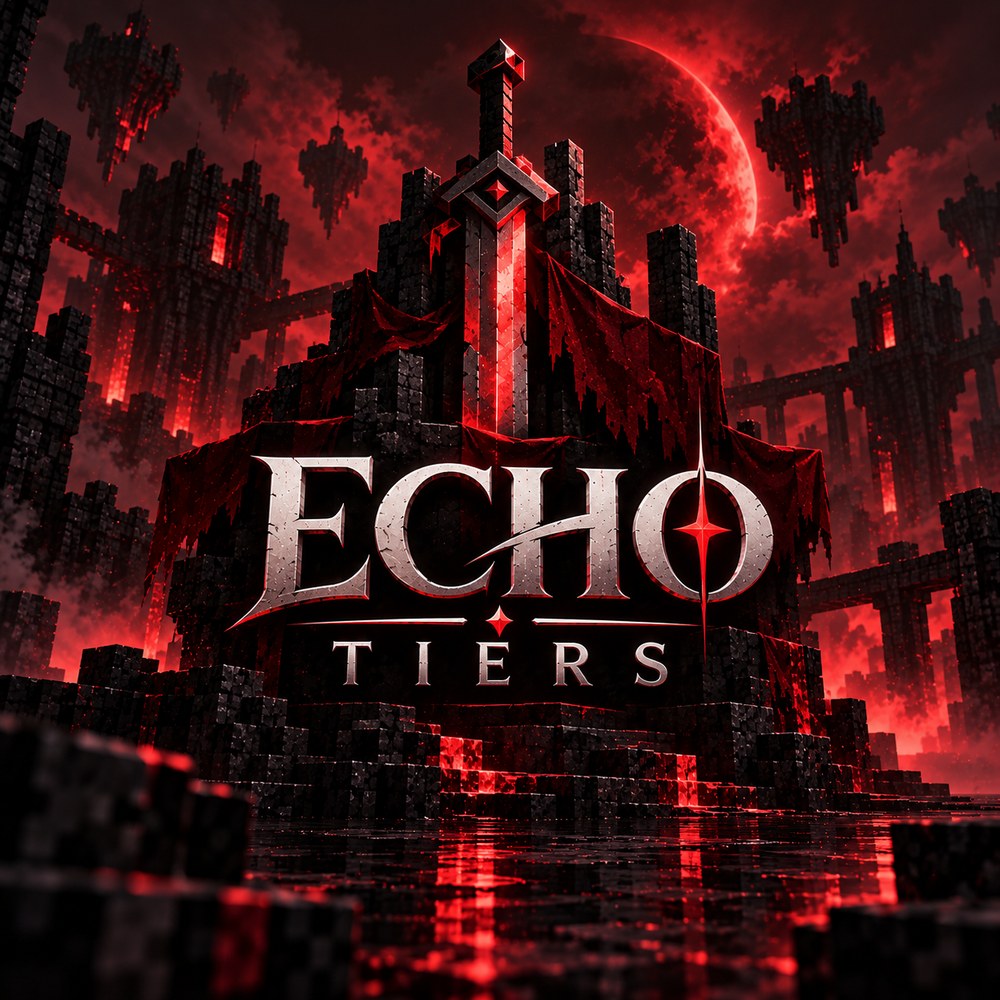 Echo Tiers logo: a black stone fortress under a blood moon, with a glowing red sword rising behind the name